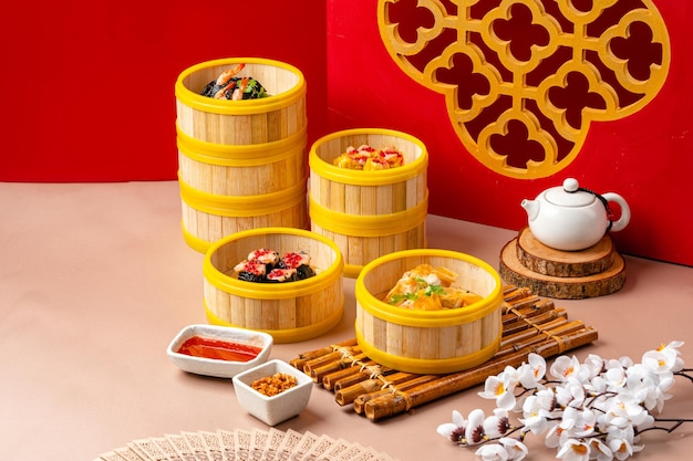 Chinese steamed dimsum in bamboo containers traditional cuisine