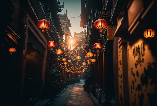 Chinese streets filled with lanterns with dim light, creative ai