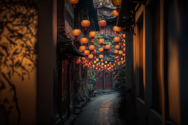 Chinese streets filled with lanterns with dim light, creative ai