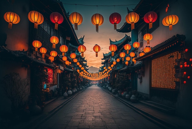 Chinese streets filled with lanterns with dim light, creative ai