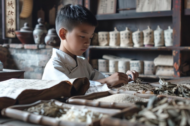 Chinese Student Learning Traditional Medicine in Cultural Classroom Filled with Educational Materials