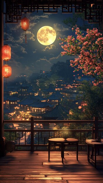 Photo chinese style background mural midautumn festival moon and night scene lanterns chinese style buildi