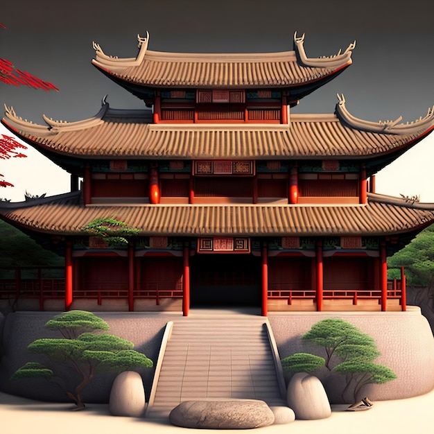 A chinese style building with a red roof and a tree in the background.