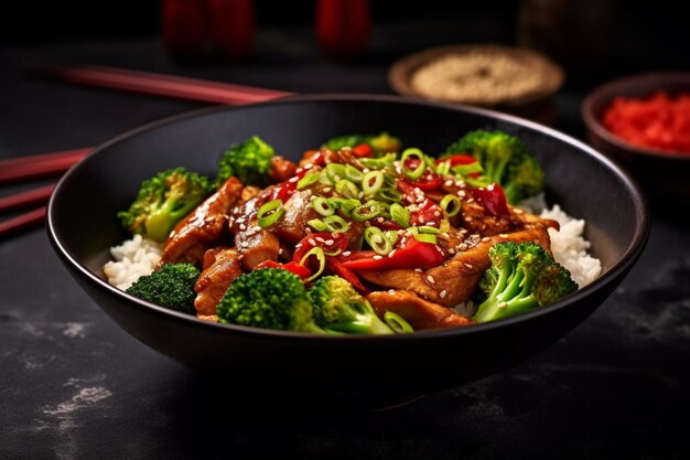 chinese style chicken stripes broccoli red paprika parsley spring onions Background