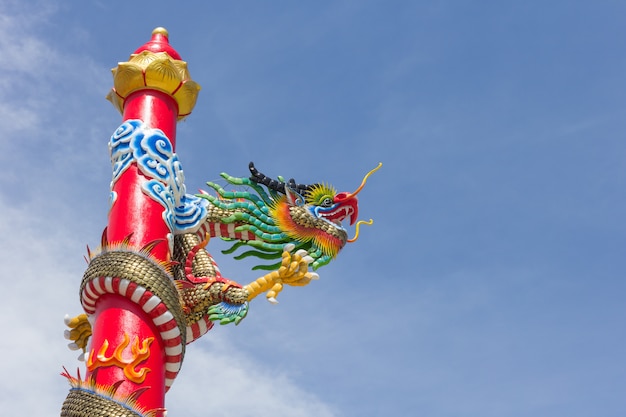 Chinese style dragon statue against blue sky background