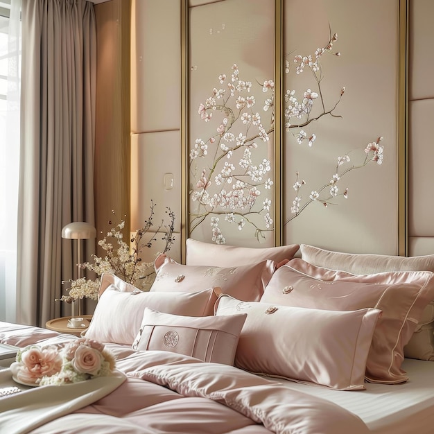 Chinese style dreamlike pink bedding with rose elements for warmcore bedroom decor