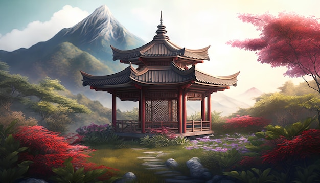 A chinese style gazebo in a mountain landscape