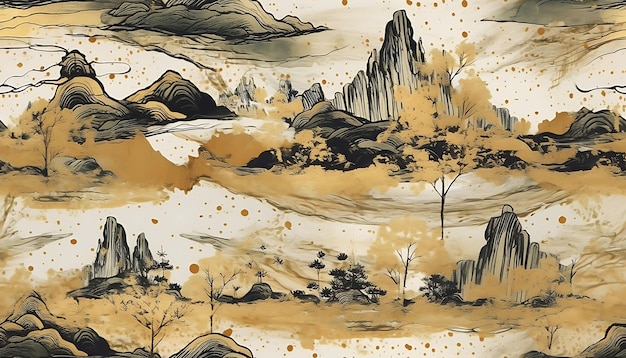 Chinese style ink landscape painting ink painting gold blue gray landscape Japan