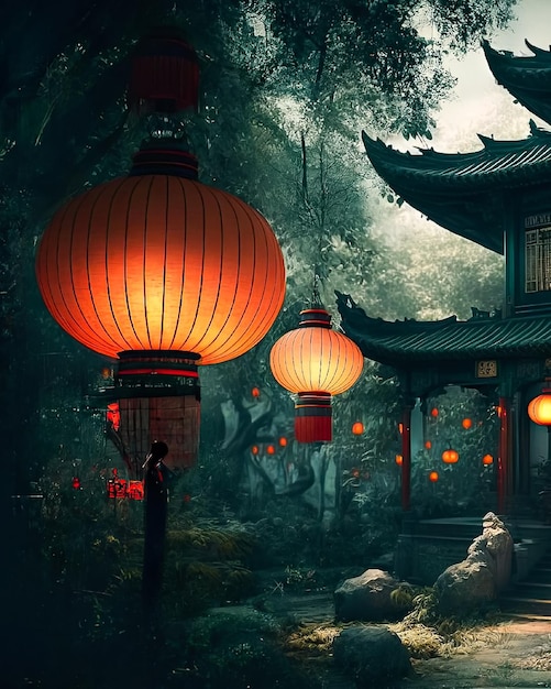 A chinese style lantern in the woods