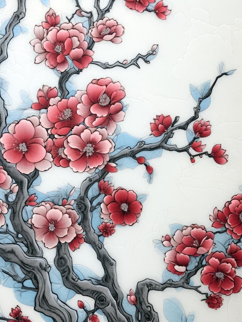 A chinese style painting of a branch of a cherry tree.