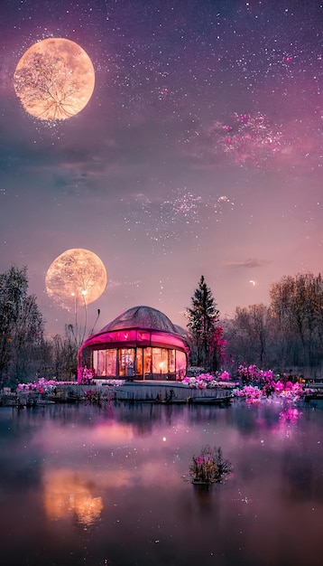 Chinese-style pavilions in the center of the lake