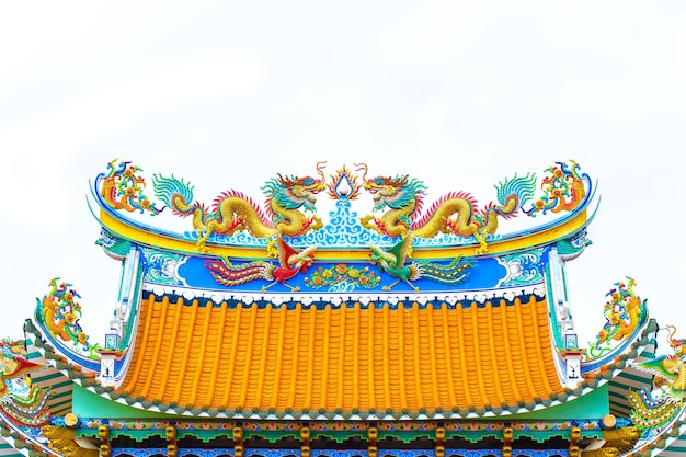 Chinese style Twin dragons statue on the roof of Chinese temple isolated white background