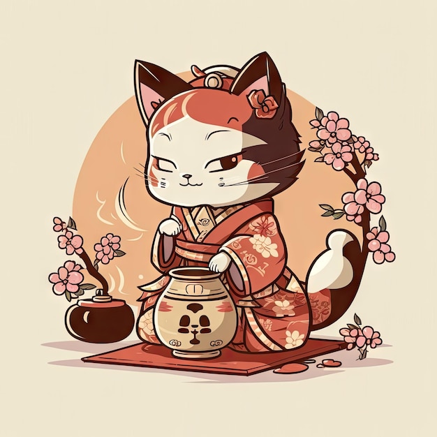 Chinese tea ceremony teapot with hot streaming drink cute chinese cat and sakura branches Oriental interior cute kitten in kimono funny asian ai generated cartoon character