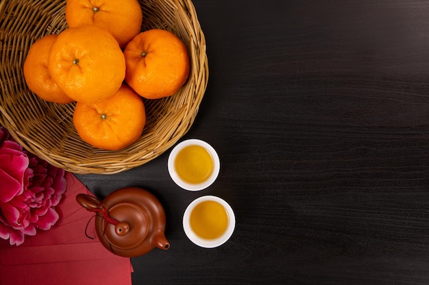 Chinese teapot with top view for celebration chinese new year.Copy space traditional background.