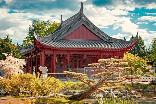 Chinese temple in the Chinese Garden section in Montreal Botanical Garden, Quebec, Canada