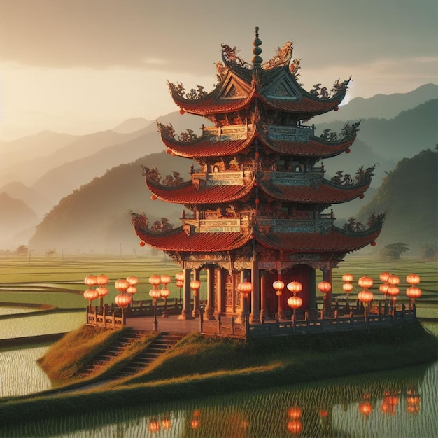 Chinese temple on the edge of rice fields