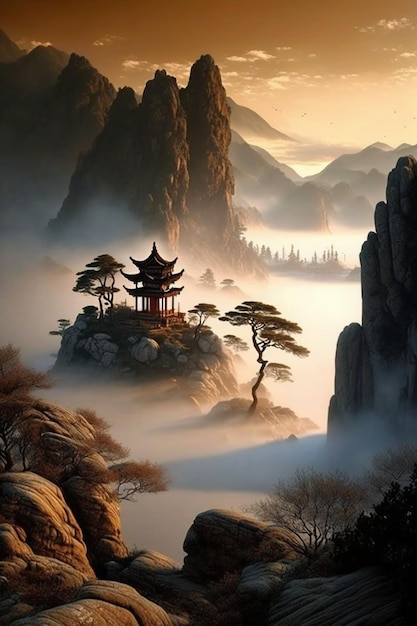 A chinese temple in the fog