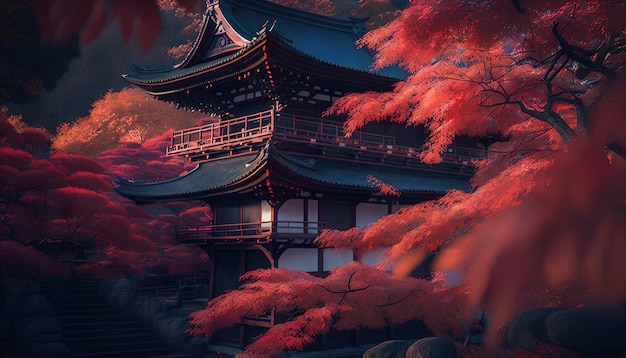 A chinese temple in the forest with red leaves