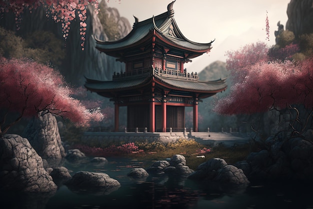 A chinese temple in the mountains with a pink flower in the foreground.