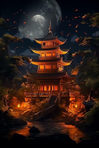 Chinese temple on a rocky ground under a full moon Ai generated