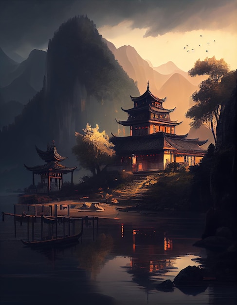 A chinese temple on the water with a mountain in the background.