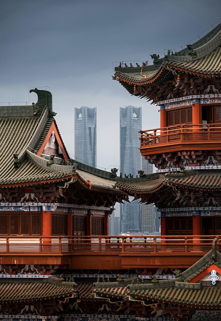 A chinese temple with a chinese style roof