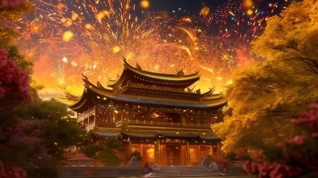 A chinese temple with fireworks in the background