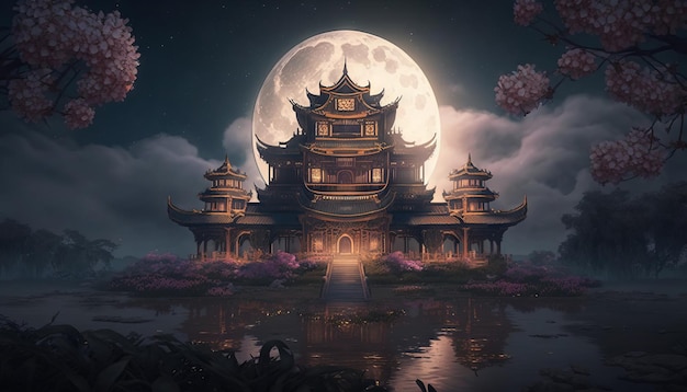 Chinese temple with full moon and cherry blossom Generative AI