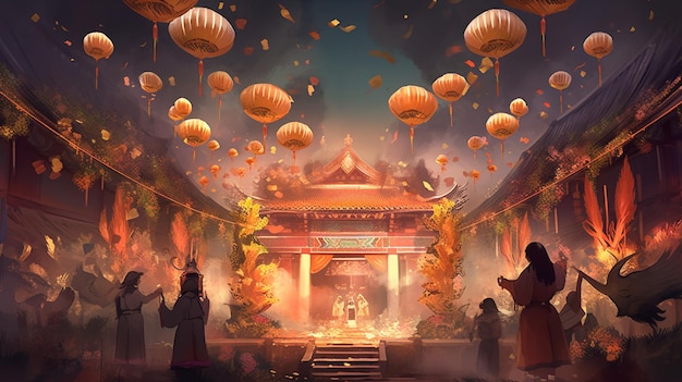 A chinese temple with a lantern in the background