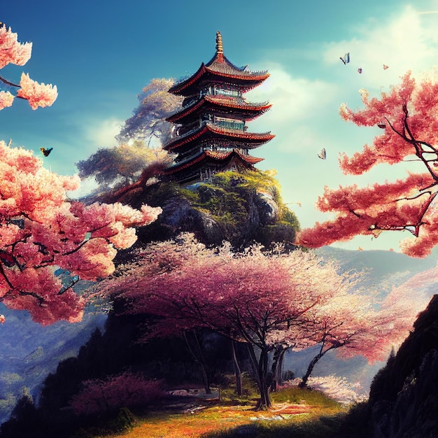 Chinese tower on floral mountain trees sunshine generative ai