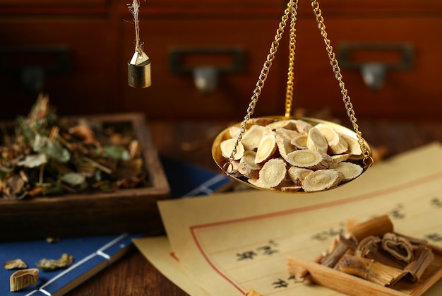 Chinese traditional herbal medicine in steelyard. Translation reads as chinese herbal therapy.