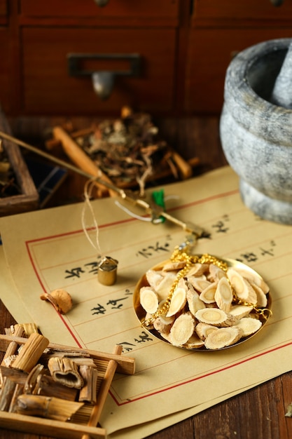 Chinese traditional herbal medicine in steelyard. Translation reads as chinese herbal therapy.