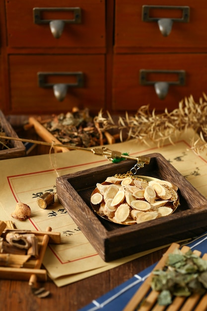 Chinese traditional herbal medicine in steelyard. Translation reads as chinese herbal therapy.