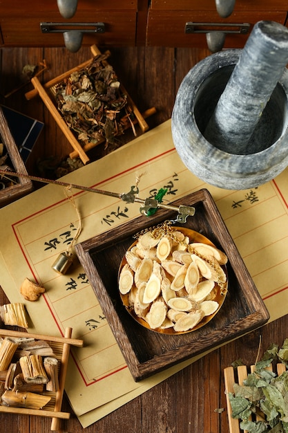 Chinese traditional herbal medicine in steelyard Translation reads as chinese herbal therapy