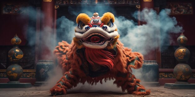 Photo chinese traditional lion dance costume performing at a temple in china chinese new year celebration