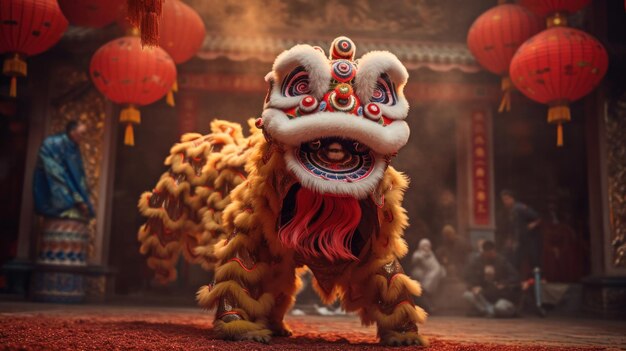 Photo chinese traditional lion dance costume performing at a temple in china chinese new year celebration