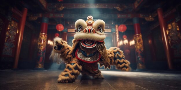 Chinese traditional lion dance costume performing at a temple in China Chinese New Year Celebration