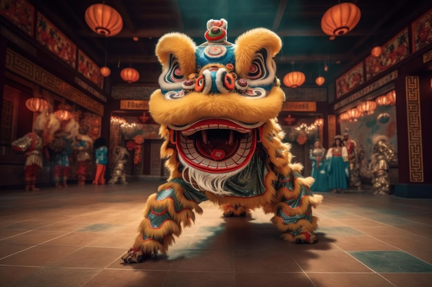 Photo chinese traditional lion dance costume performing at a temple in china chinese new year celebration