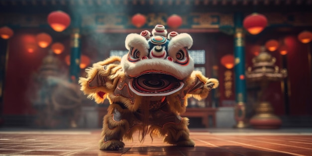 Photo chinese traditional lion dance costume performing at a temple in china chinese new year celebration