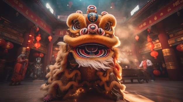 Photo chinese traditional lion dance costume performing at a temple chinese new year