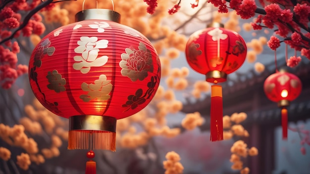 Chinese Traditional New Year Lantern With Flower Background