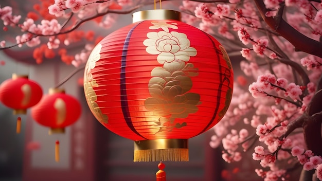 Chinese Traditional New Year Lantern With Flower Background