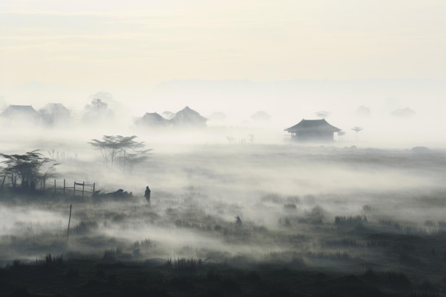 Chinese village misty morning background wallpaper