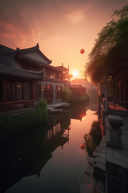 A chinese village with a sunset in the background