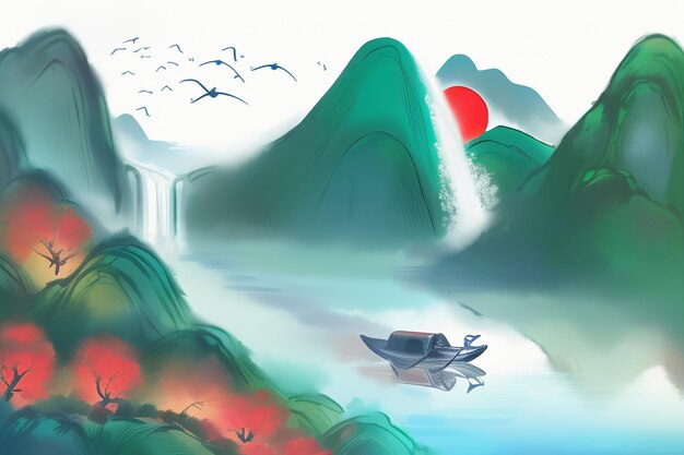 Chinese watercolor ink style sun mountain bird boat tree landscape painting abstract art wallpaper