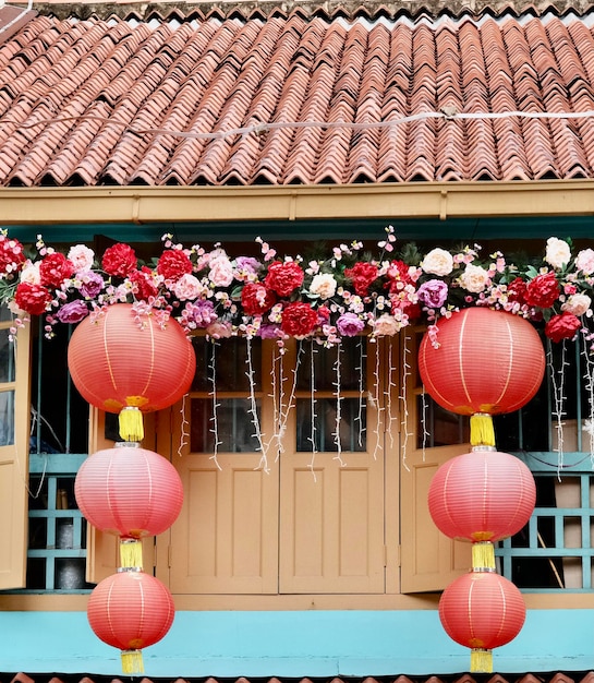 Chinese windows with Chinese lanterns hanging