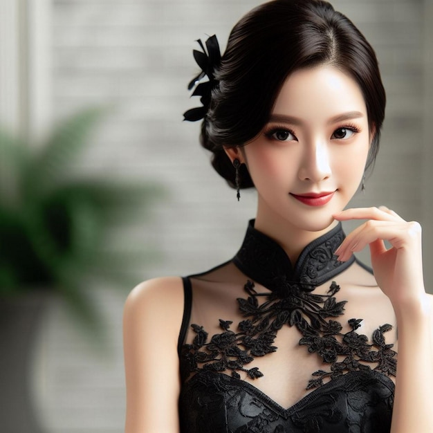 A Chinese woman in a black dress her beauty a celebration of life