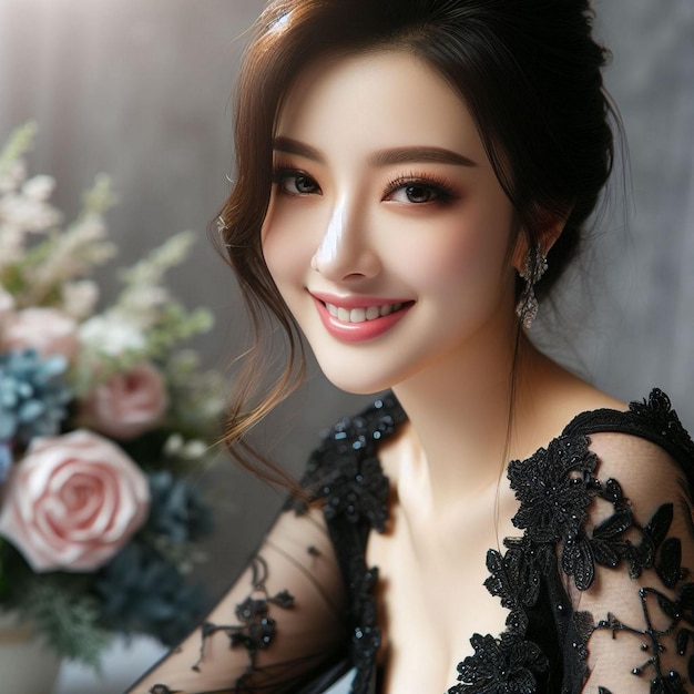 A Chinese woman in a black dress her beauty a celebration of life