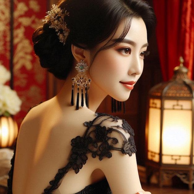 A Chinese woman in a black dress her beauty a celebration of life