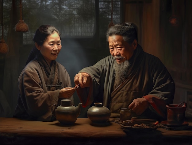 A Chinese woman and a Chinese man in traditional outfits drink tea in a Chinese interior